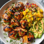 Grilled Maple Sriracha Chicken Bites with Coconut Rice & Mango Avocado Salsa Bowl with Chili Mayo