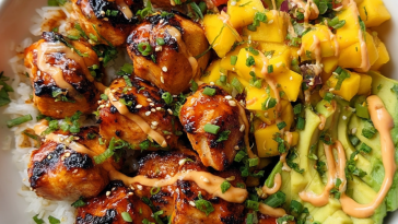 Grilled Maple Sriracha Chicken Bites with Coconut Rice & Mango Avocado Salsa Bowl with Chili Mayo