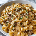 Creamy Parmesan Garlic Beef Bowtie Pasta