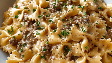 Creamy Parmesan Garlic Beef Bowtie Pasta